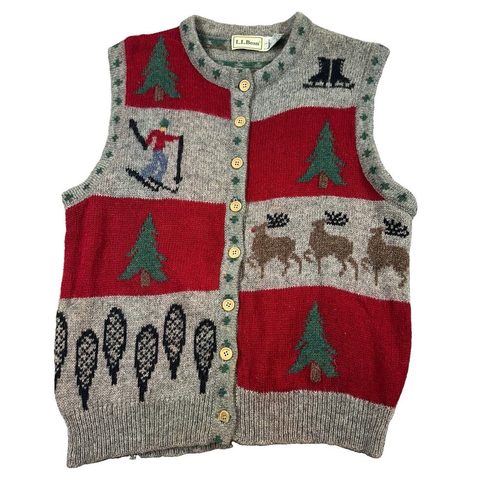 Vintage L.L.Bean Women Wool Christmas Sweater Vest Ski Deer Trees Nordic L Knit